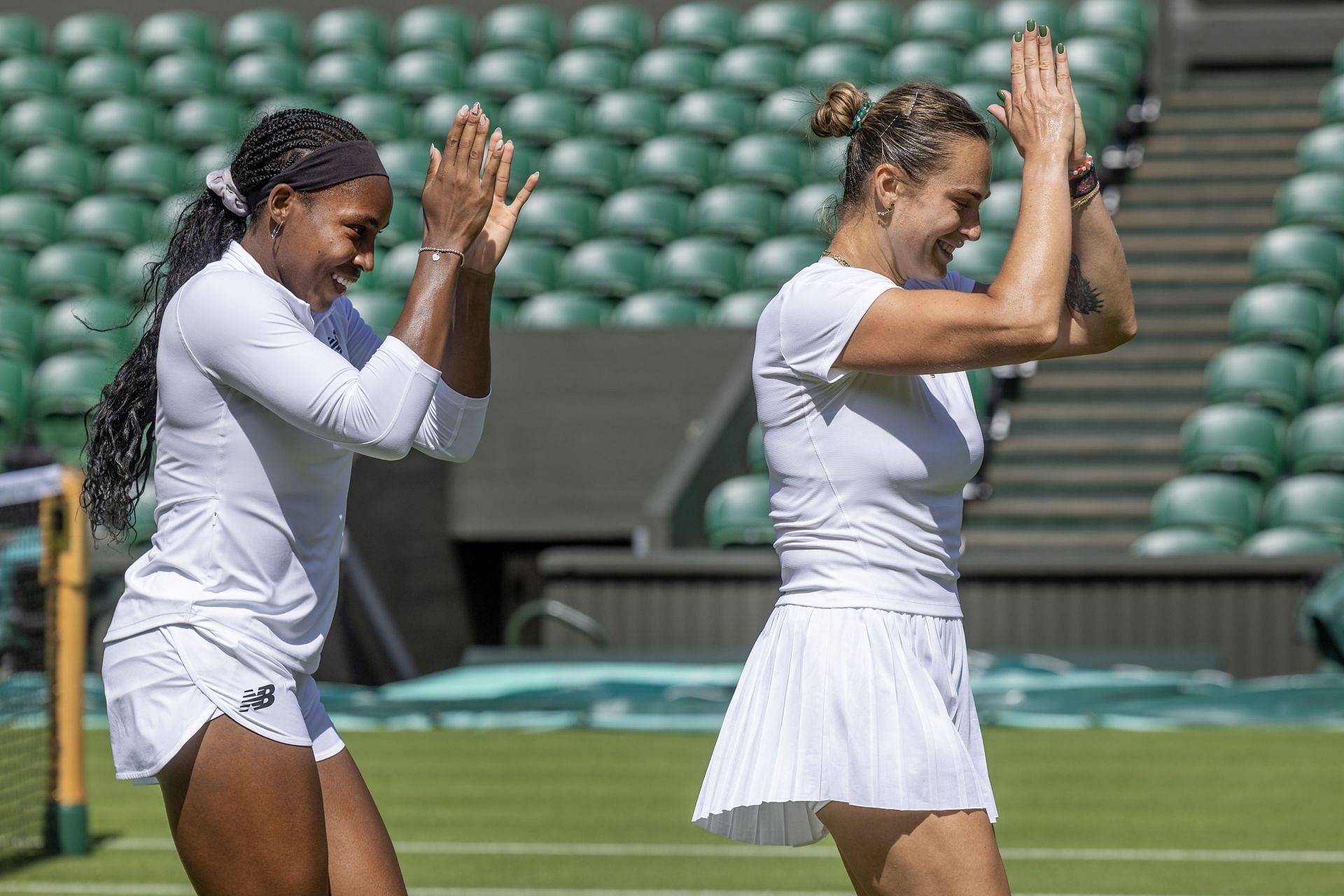 Coco Gauff (left) and Aryna Sabalenka (right) dance together ahead of their 2025 Wimbledon Championships campaigns (Source: Getty)